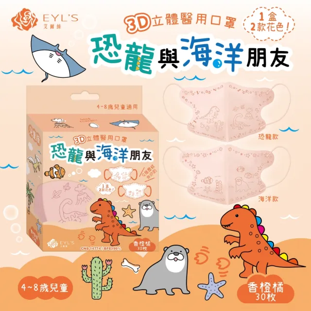 【艾爾絲】兒童3D立體醫用口罩30入/盒(恐龍與海洋朋友 兒童最愛 4色可選)