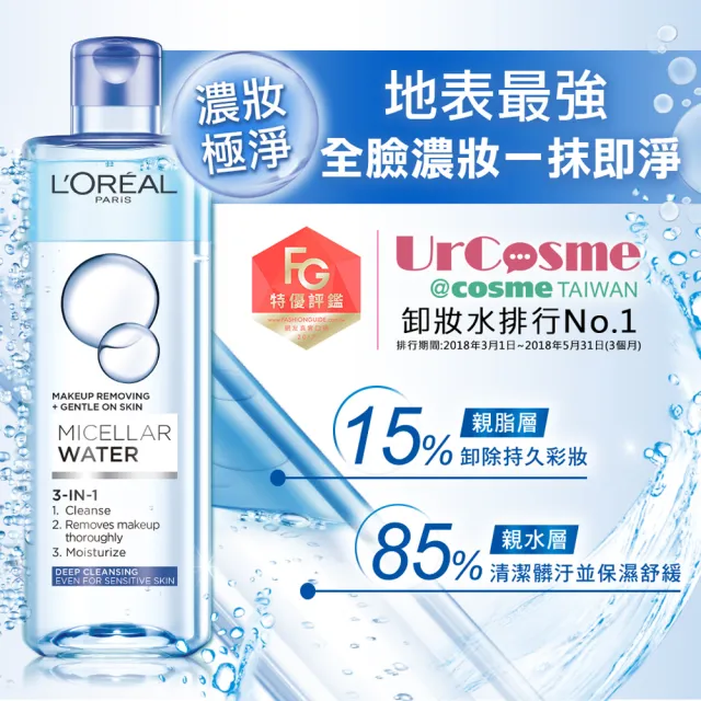 【LOREAL Paris 巴黎萊雅】三合一卸妝潔顏水_400ml(深層極淨型)