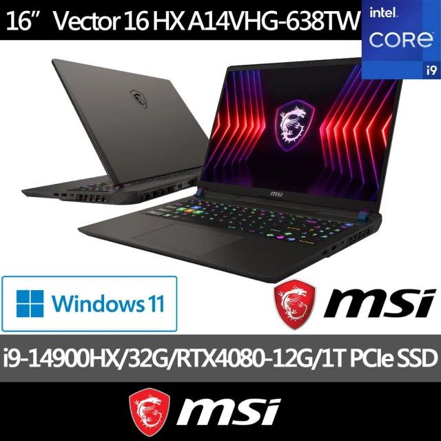 MSI 微星 16吋i9 RTX4080電競筆電(Vector 16 HX/i9-14900HX/32G/1TB SSD/W11/A14VHG-638TW)