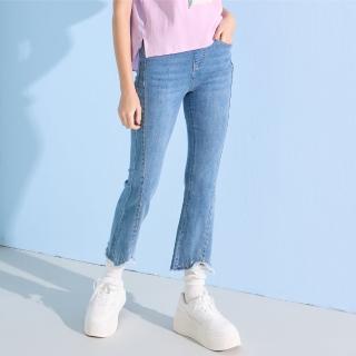 【YUTZUYA 優姿雅】貝殼彩鑽小喇叭開衩抽鬚牛仔褲(刷色丹寧長褲/條紋織帶/加寬鬆緊/燙鑽/水鑽點綴)