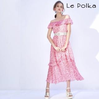 【Le Polka】熱情花卉荷葉領雪紡洋裝-女