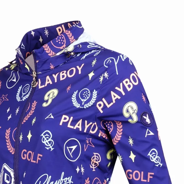 【PLAYBOY GOLF】女款可收納連帽彩色塗鴉外套-藍(防風透氣/防潑水/高爾夫/KC24103-56)