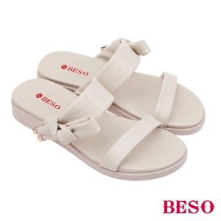 【A.S.O 阿瘦集團】BESO 柔軟羊皮一字條帶側邊結平底拖鞋(米色)
