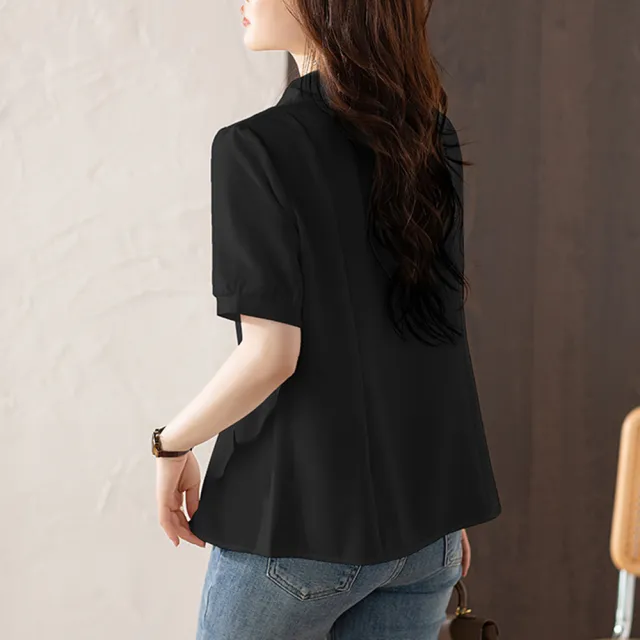 【MsMore】翻領短袖拉鍊襯衫寬鬆洋氣別致顯瘦短版上衣#122593(白/黑)