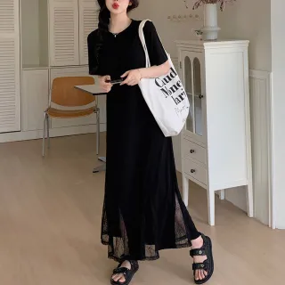 【MsMore】韓版寬鬆顯瘦短袖圓領黑色拼接網紗魚尾氣質長裙洋裝#122678(黑)