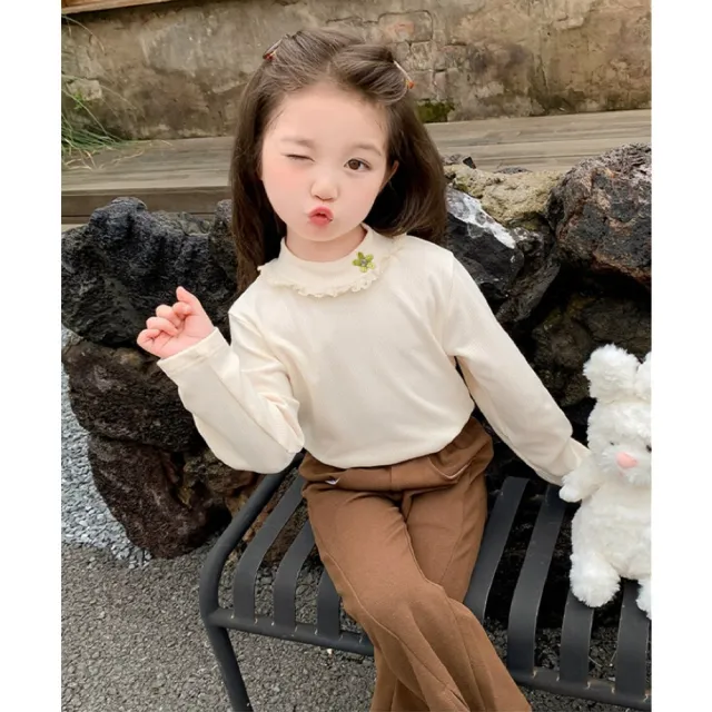 【安朵童舖】現貨韓版兒童薄款提花長袖上衣 女童德絨花邊長袖T恤 針織提花上衣 打底上衣 童裝(045/128)