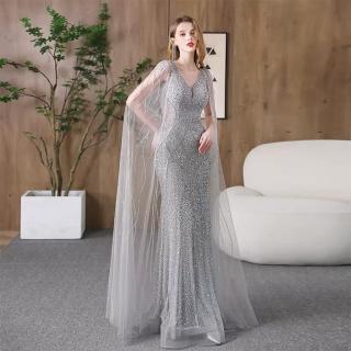 【女神婚紗禮服】高階奢華透紗長披肩鑲鑽深V性感魚尾晚禮服PLGZ-2409銀色(演奏宴會敬酒 拉鍊款高階晚禮服)
