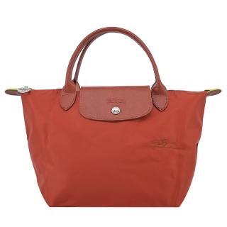 【LONGCHAMP】LE PLIAGE GREEN系列刺繡短把再生尼龍摺疊水餃包(小/栗子紅)