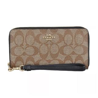 【COACH】COACH馬車LOGO拉鍊印花PVC 12卡手拿長夾(卡其x黑)