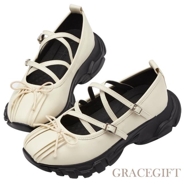 【Grace Gift】蝴蝶結細帶厚底芭蕾瑪莉珍休閒鞋(米白)