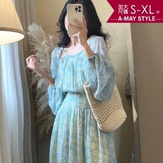 【艾美時尚】中大尺碼女裝 洋裝 名媛氣質渡假風碎花雪紡顯瘦連身洋裝。S-XL(2色.預購)
