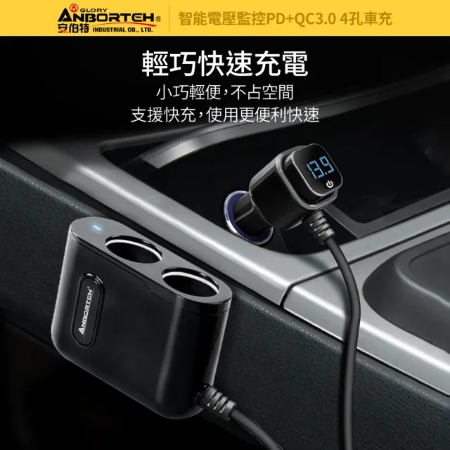 【安伯特】酷電大師 智能電壓監控PD+QC3.0 4孔車充 2孔+USB+PD-快(國家認證 一年保固 電流過充保護)