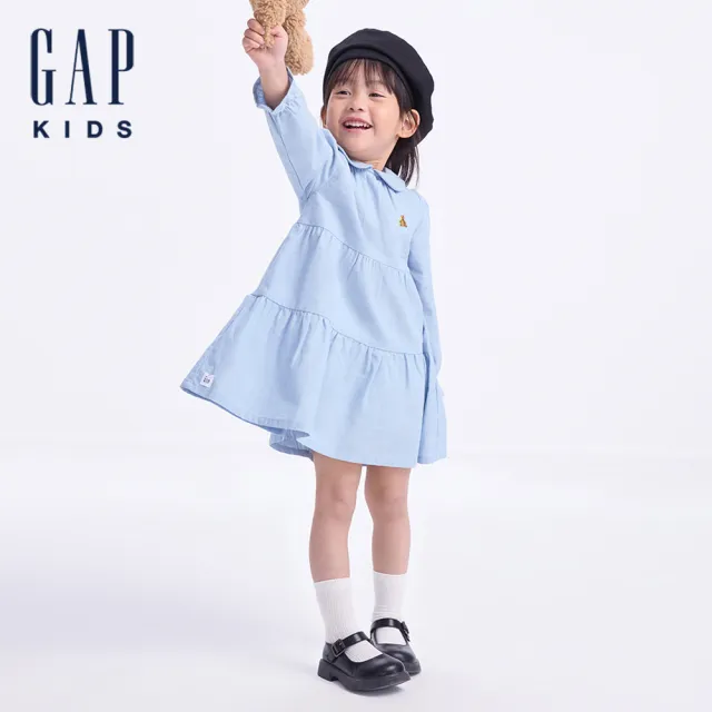 【GAP】女幼童裝 純棉小熊刺繡翻領長袖洋裝-淺水洗藍(643553)