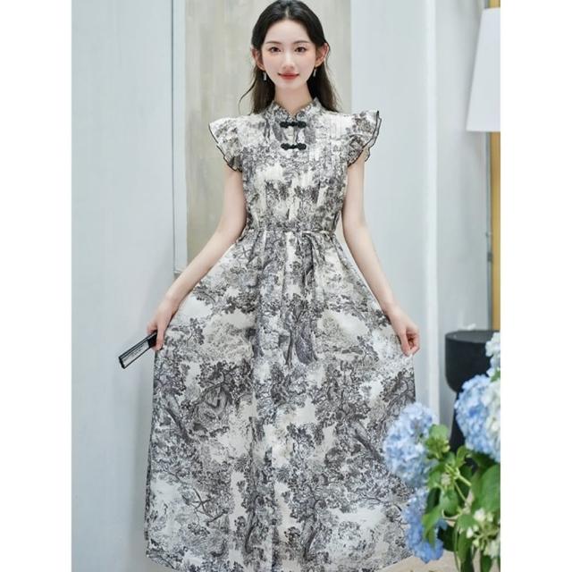 【巴黎精品】現貨+預購 長洋裝連身裙(飛飛袖立領印花雪紡女裙子v1bp65)