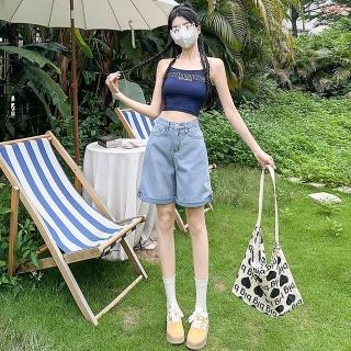 【巴黎精品】現貨+預購 牛仔褲丹寧短褲高腰牛仔短褲A字休閒褲大碼寬褲大尺碼女裝(寬鬆五分女褲子2色v1bl35)