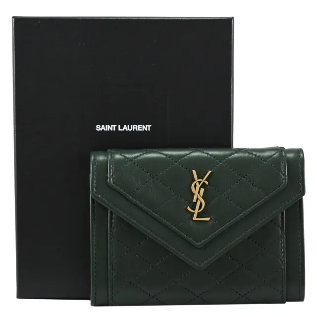 【YSL】經典字母LOGO菱格縫線小羊皮信用卡名片式扣式零錢包(深綠)