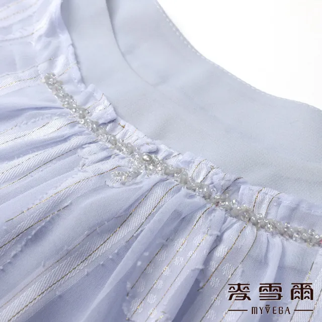【MYVEGA 麥雪爾】燒花銀絲線泡泡七分袖雪紡上衣-灰