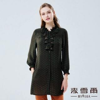 【MYVEGA 麥雪爾】皺泡泡紋荷葉領長版雪紡上衣-綠
