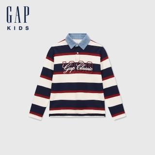 【GAP】男童裝 Logo純棉印花長袖POLO衫-藍白條紋(642770)