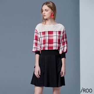 【iROO】蕾絲拼接格紋經典設計長袖上衣