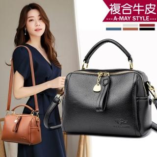【Amay Style 艾美時尚】真皮女包 側肩包 手提包 小包 簡約時髦牛皮紋肩背手提波士頓包(6色.預購)