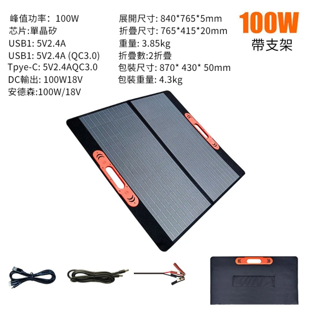 菲仕德 100W 太陽能充電板 太陽能手提充電包(單晶硅 100W/18V 折疊面板 附贈控制器)