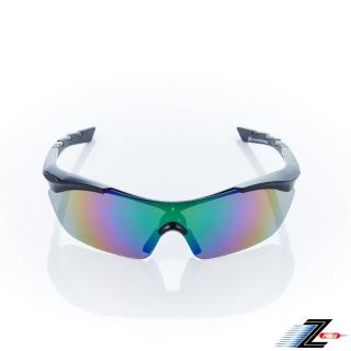 【Z-POLS】質感亮黑TR90頂級材質框 抗UV400 PC電鍍七彩綠一片式帥氣運動太陽眼鏡(輕巧彈性配戴舒適)
