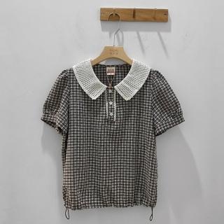 【YUTZUYA 優姿雅】法式花邊領黑白細格上衣