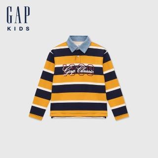 【GAP】男童裝 Logo純棉印花長袖POLO衫-藍黃條紋(642770)