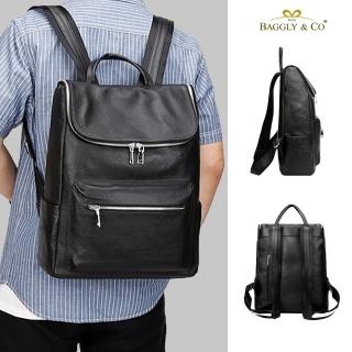 【BAGGLY&CO】男款大開口大容量商務出差頭層牛皮雙肩包(旅行包 商務包)