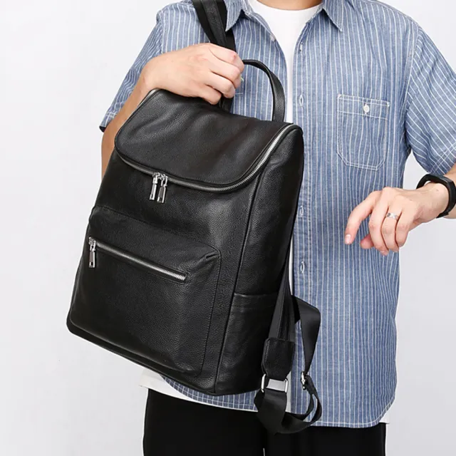 【BAGGLY&CO】雙11 真皮 男款大開口大容量商務出差頭層牛皮雙肩包(真皮包包 旅行包 商務包)