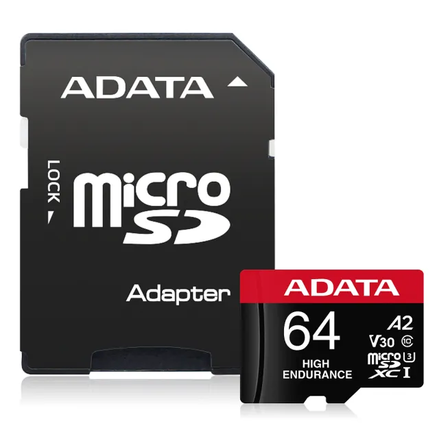 三入組【ADATA 威剛】High Endurance  microSDXC UHS-I U3 A2 V30  64G高耐用記憶卡(附轉卡)