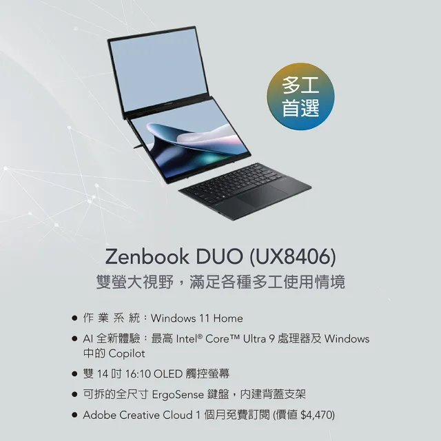 【ASUS】Office 2021組★14吋Ultra 9輕薄AI筆電(ZenBook Duo UX8406MA/Ultra 9-185H/32G/1TB/W11/EVO/OLED)