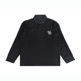 【Y-3 山本耀司】Y-3草寫刺繡LOGO線條設計棉質領口長袖POLO衫(平輸品/黑)