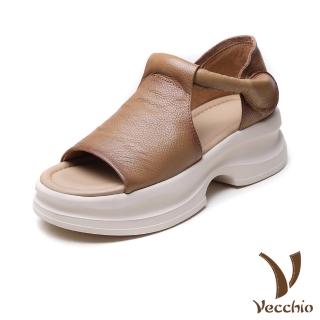 【Vecchio】真皮涼鞋 厚底涼鞋/真皮頭層牛皮手工包根魔鬼粘厚底休閒涼鞋(棕)
