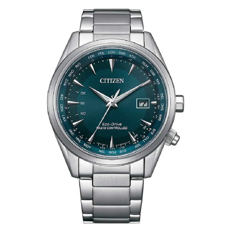 【CITIZEN 星辰】不鏽鋼綠面電波對時男錶/43mm(CB0270-87L)