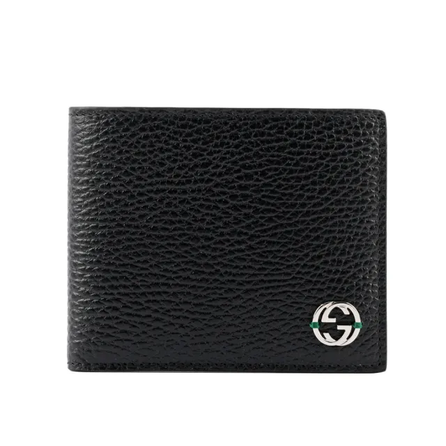 【GUCCI 古馳】金屬縫線雙G Logo牛皮雙色6卡短夾(黑色/綠色)