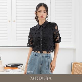 【MEDUSA 曼度莎】現貨-蕾絲鏤空短版襯衫上衣（M-XL）｜女短袖上衣 短袖襯衫 造型襯衫(301-52801)