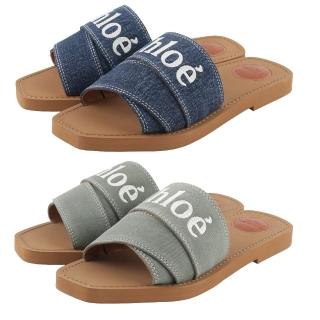 【Chloe’ 蔻依】WOODY FLAT MULE 棉質牛仔平底拖鞋(森林綠/單寧藍)