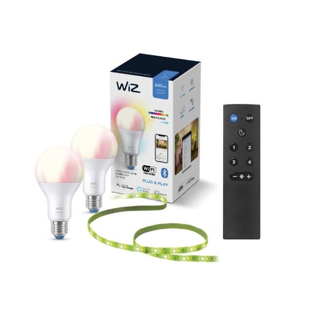 【Philips 飛利浦】Wi-Fi WiZ 智慧照明 全彩燈泡2入+2M燈帶+1M延伸+遙控器 超值大全配(PW04N)