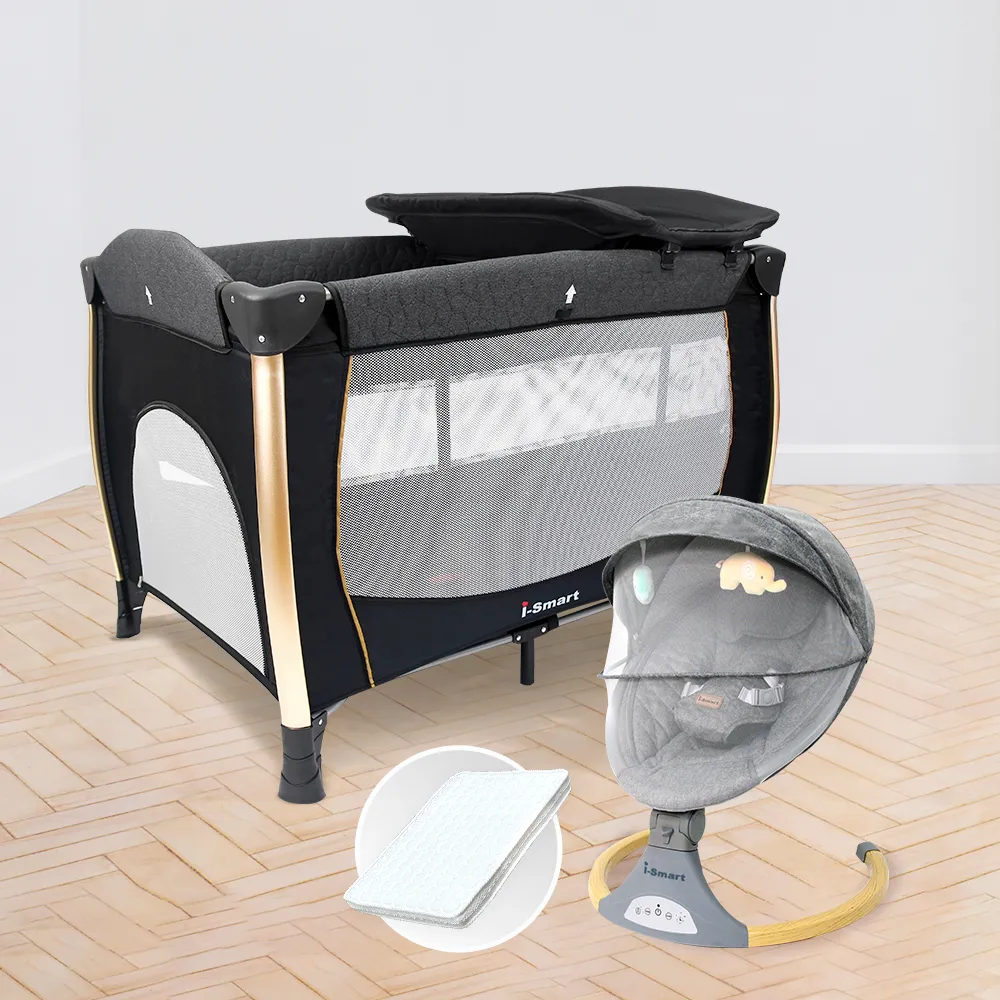【Smartmom】雙層折疊嬰兒床+杜邦床墊+自動安撫搖椅(豪華三件組)