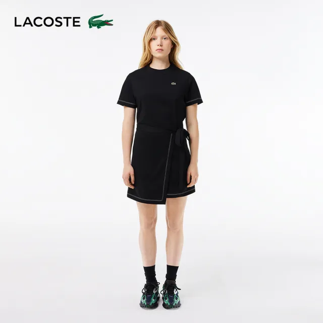 【LACOSTE】女裝-撞色車邊大輪廓平紋針織短袖洋裝(黑色)