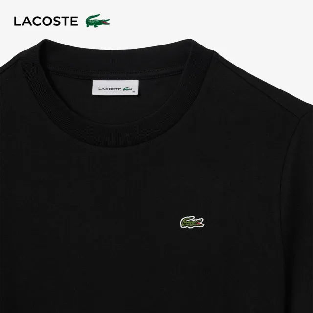 【LACOSTE】女裝-撞色車邊大輪廓平紋針織短袖洋裝(黑色)