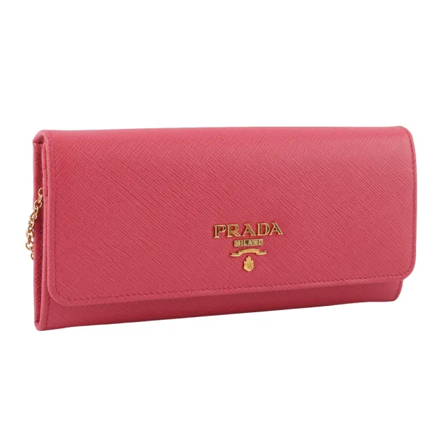 【PRADA 普拉達】金字浮雕Logo防刮牛皮雙釦對開長夾(牡丹粉)