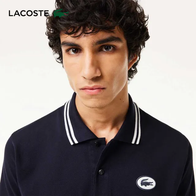 【LACOSTE】男裝-原創L.12.12徽章條紋短袖Polo衫(深藍色)