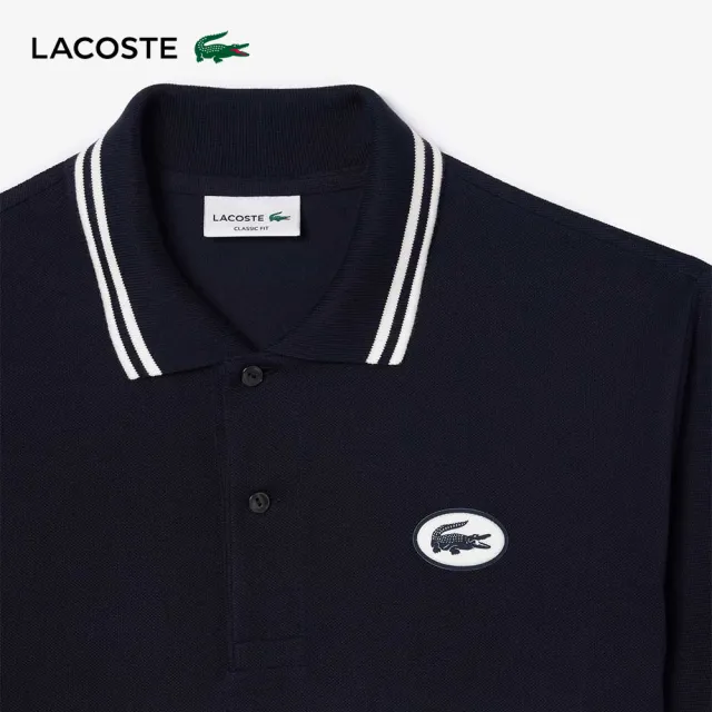 【LACOSTE】男裝-原創L.12.12徽章條紋短袖Polo衫(深藍色)