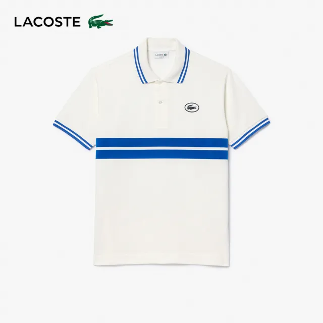 【LACOSTE】男裝-原創L.12.12徽章條紋短袖Polo衫(白色)