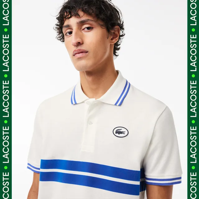 【LACOSTE】男裝-原創L.12.12徽章條紋短袖Polo衫(白色)