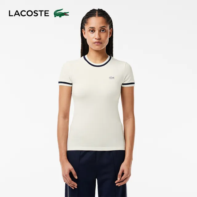 【LACOSTE】女裝-法國製造撞色滾邊合身短袖T恤(白色)