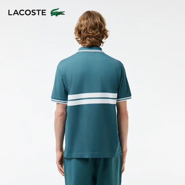 【LACOSTE】男裝-原創L.12.12徽章條紋短袖Polo衫(藍綠色)